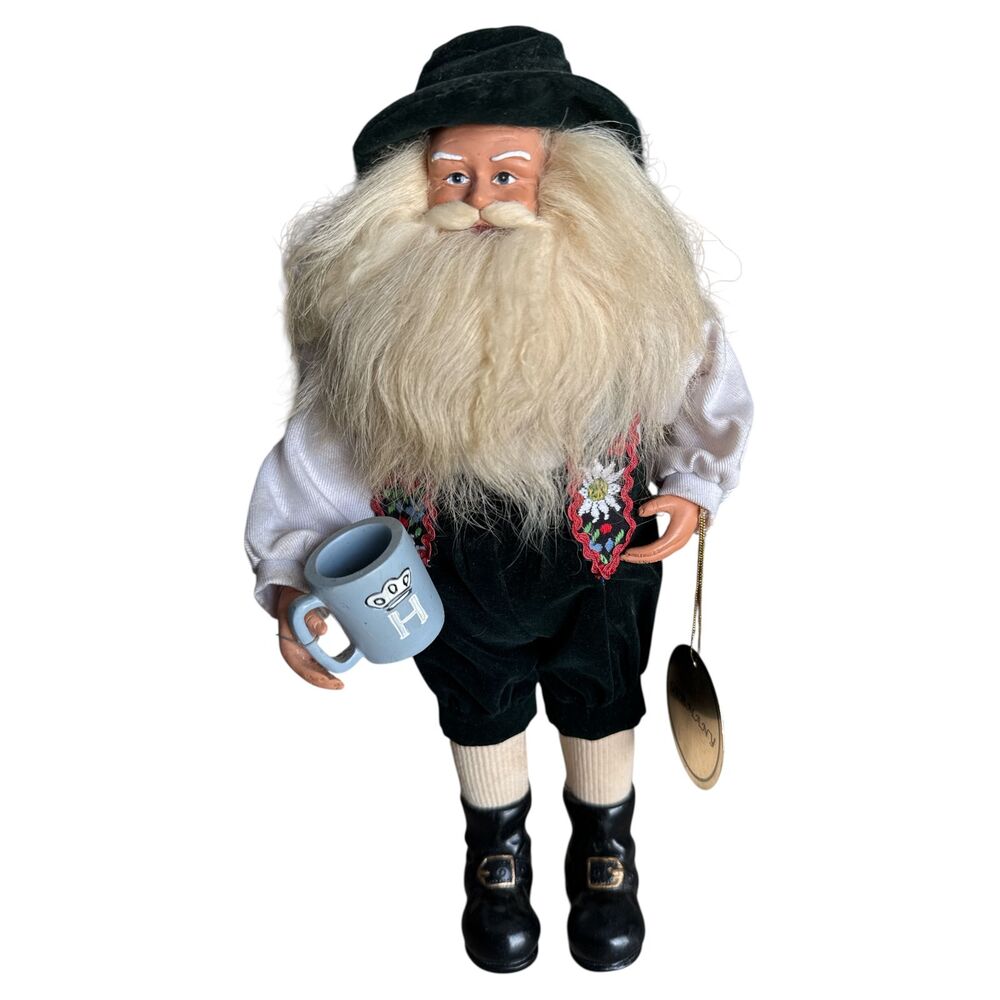 Bavarian Santa Gnome Doll 12" Lederhosen Folk Art Mug & Tag Alpine Decor